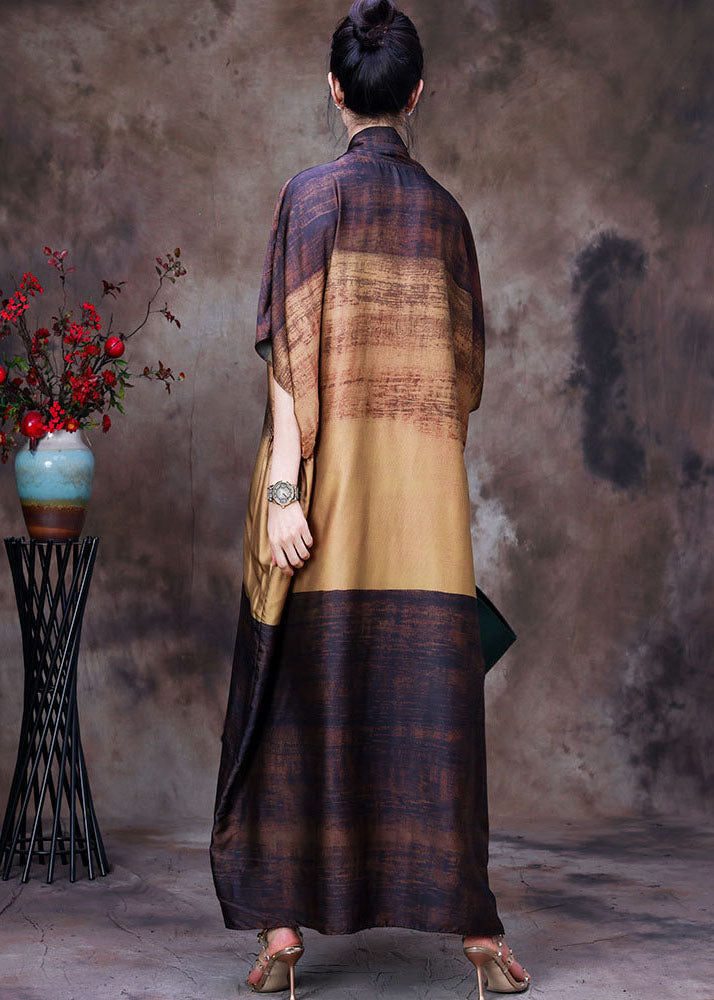 Chocolate Yellow Bow Print Silk Loose Ankle Dress Batwing Sleeve