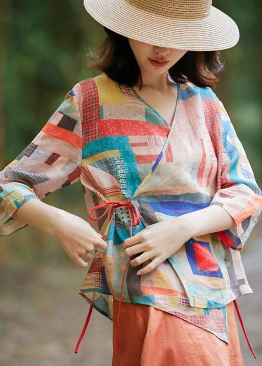 Colorblock Tie Waist Asymmetrical Design V Neck Print Blouse Tops Spring