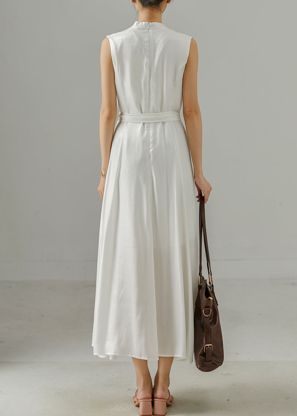 White V Neck Tie Waist Cotton Dress Sleeveless