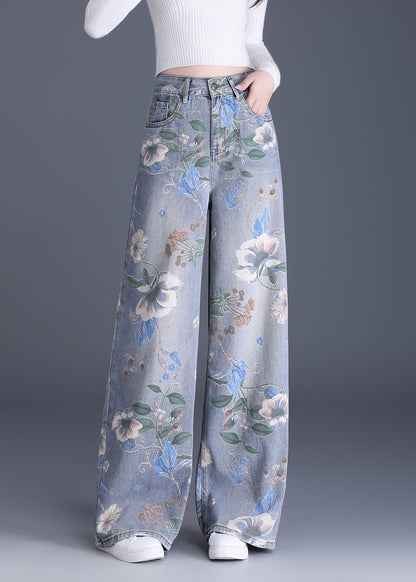 Organic Blue Pockets Print Denim Wide Leg Pants Spring