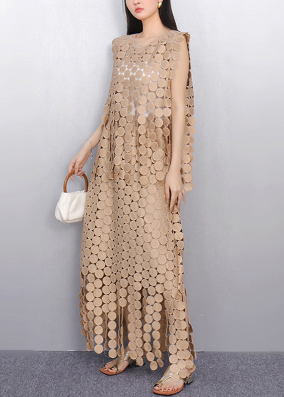 Champagne Hollow Out Lace Top and Maxi Skirts Two Pieces Set Summer
