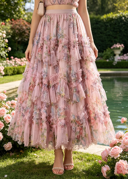 Pink Asymmetrical Print Nail Bead Tulle a Line Skirt Spring
