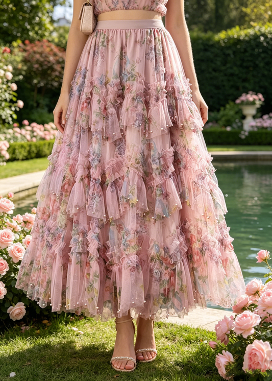 Pink Asymmetrical Print Nail Bead Tulle a Line Skirt Spring
