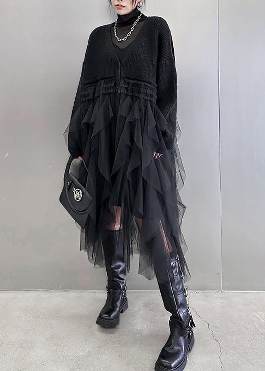 Black Tulle Patchwork Cotton Knit Maxi Sweater Dress Batwing Sleeve