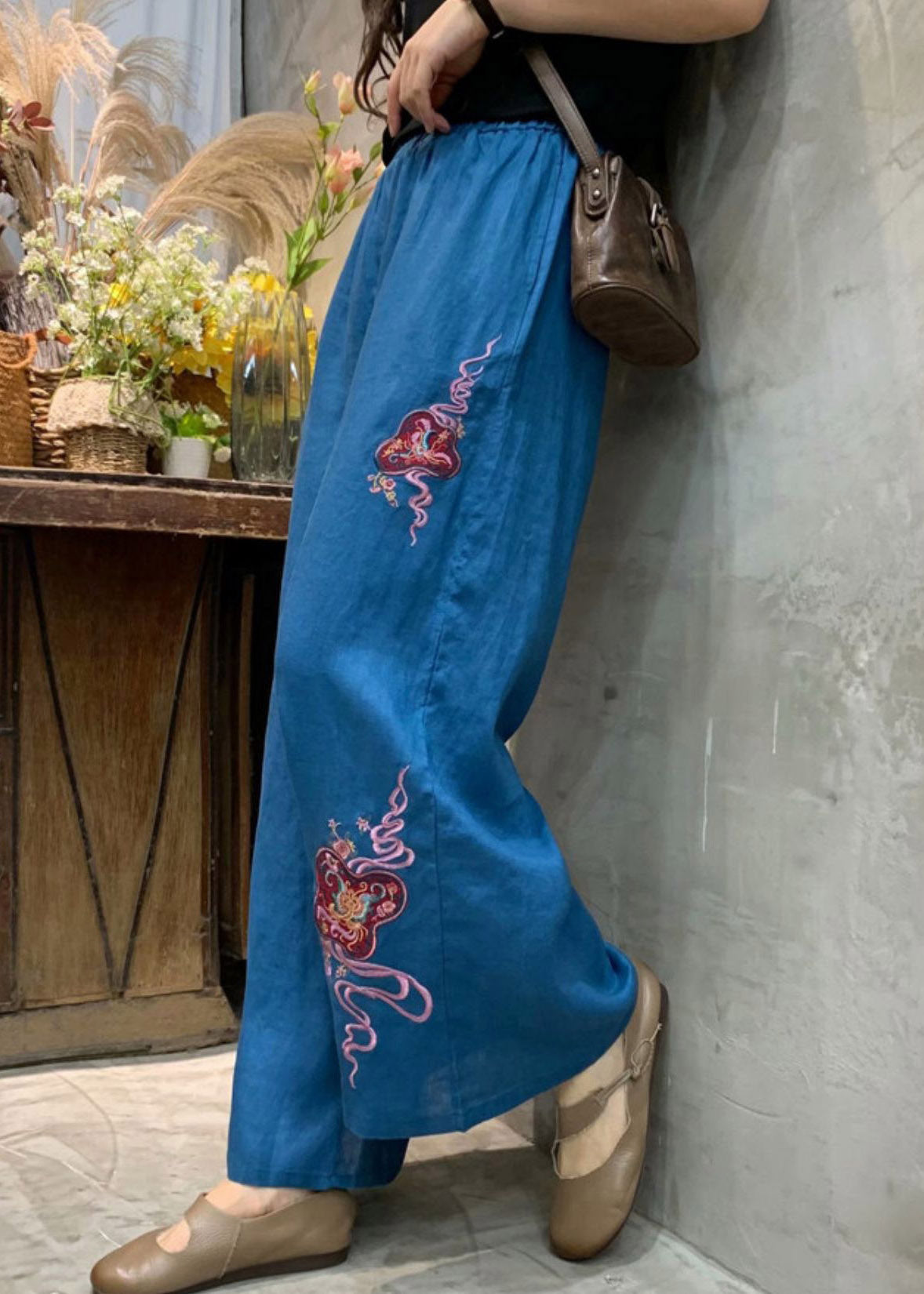 Blue Loose Linen Wide Leg Pants Elastic Waist Summer