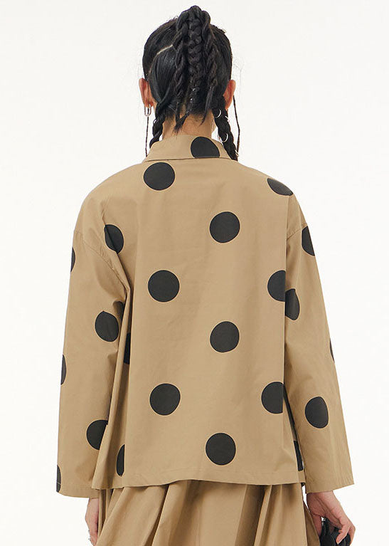 Khaki Peter Pan Collar Dot Print Patchwork Cotton Shirt Spring