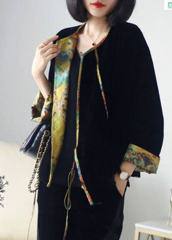 Italian Black Retro Print Patchwork Velour Fall Long Sleeve Shirt Top