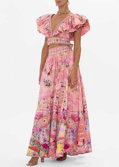 Pink V Neck Print Pockets Cotton Two Piece Set Summer