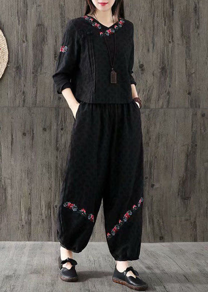 Black Jacquard Cotton Two Piece Set Clothing Embroideried Oriental Button Spring