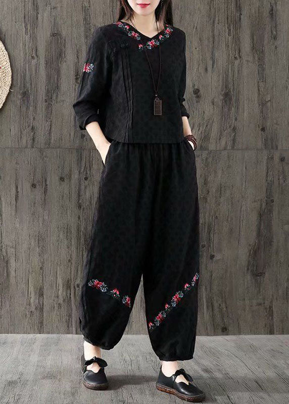 Black Jacquard Cotton Two Piece Set Clothing Embroideried Oriental Button Spring