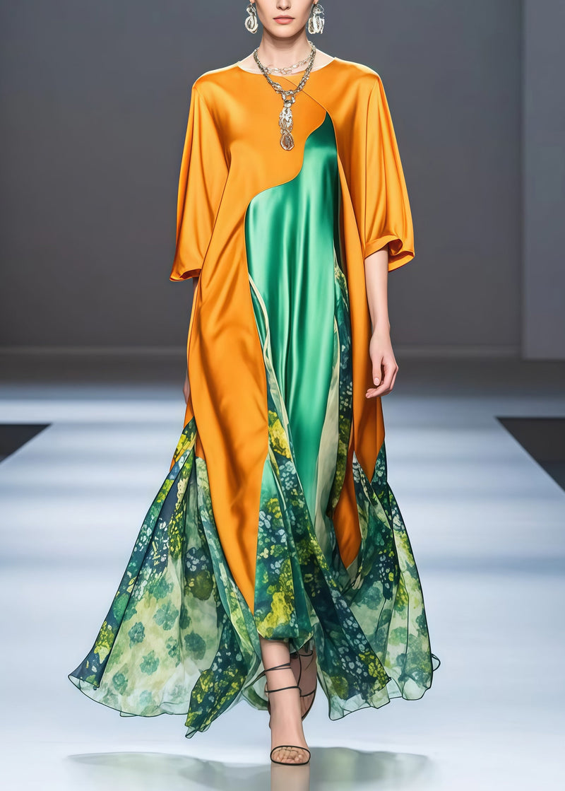 Yellow Asymmetrical Patchwork Draping Silk Holiday Dress Spring