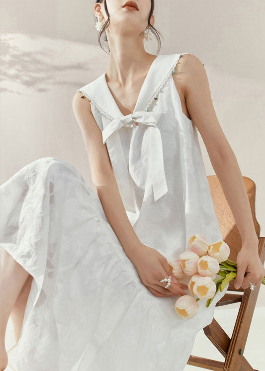 White Sailor Collar Bow Patchwork Maxi Dresses Summer