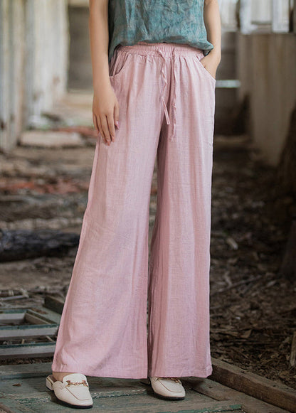 Pink Pockets Linen Wide Leg Pants Elastic Waist