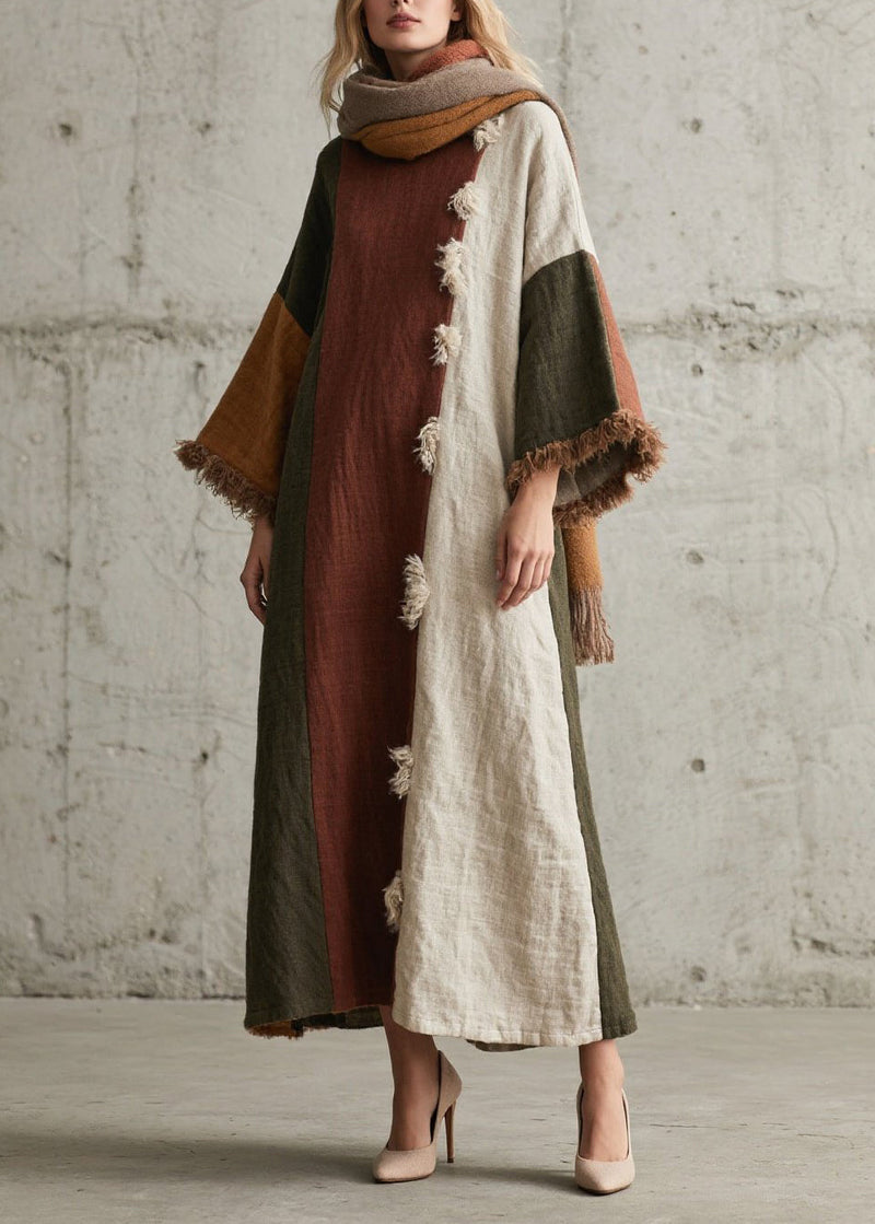 Colorblock Tassel Patchwork Cotton Long Dresses Fall