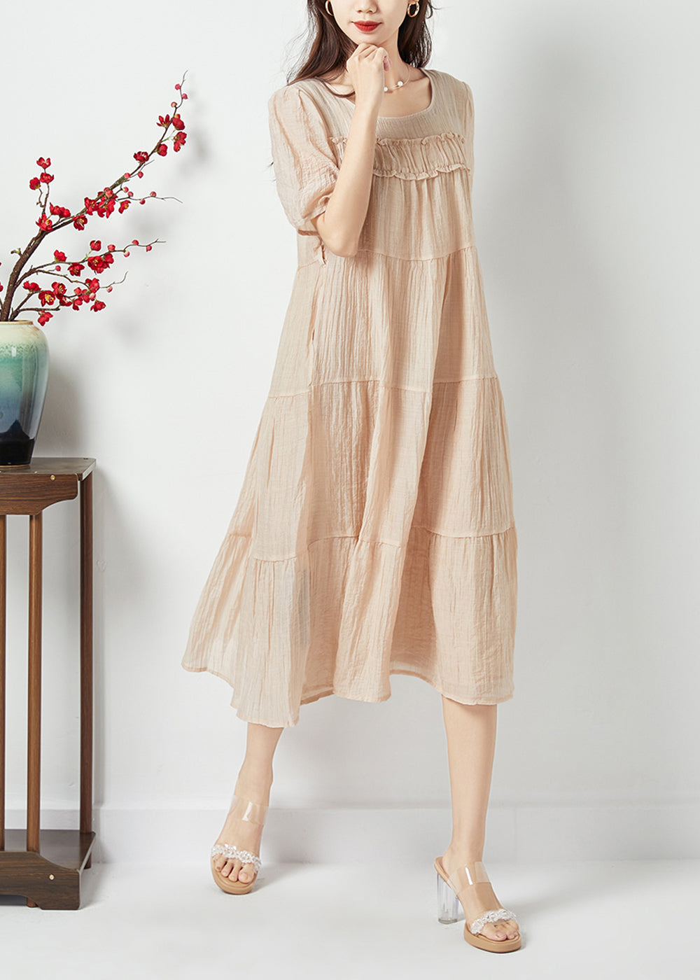 Simple Beige O-neck Patchwork Wrinkled Linen Silk Long Dress Summer