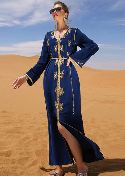 Blue Patchwork Sashes Zircon Long Dress Long Sleeve