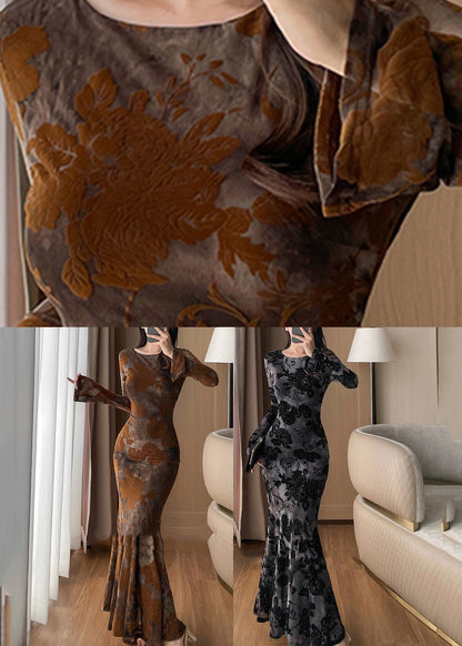 Dinner Yellow O-neck Jacquard Long Fishtail Dresses Fall