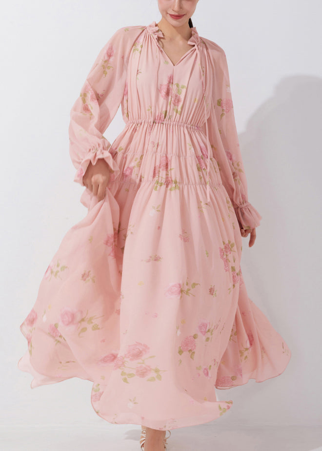 Pink Ruffled Print Lace Up Chiffon Dress Fall