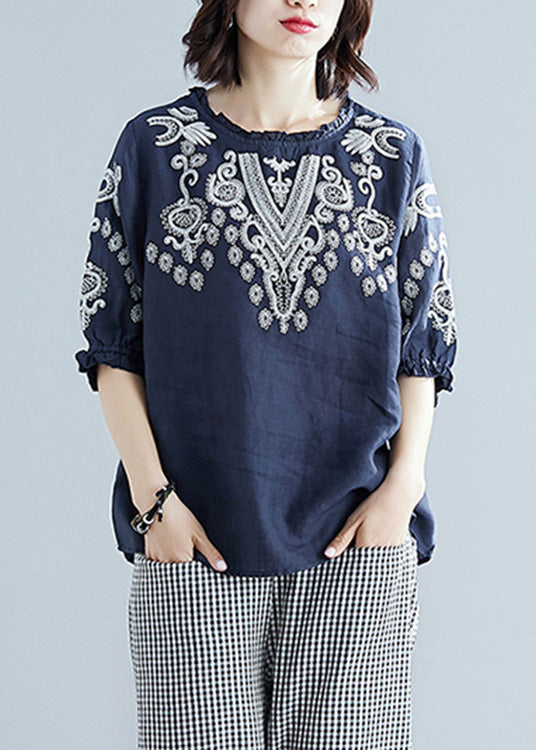 Blue O-neck Cotton Top Short Sleeve