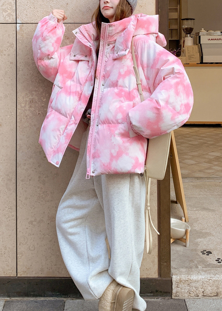 Pink Hooded Tie Dye Fine Cotton Filled Jackets Winter