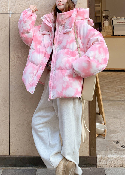 Pink Hooded Tie Dye Fine Cotton Filled Jackets Winter