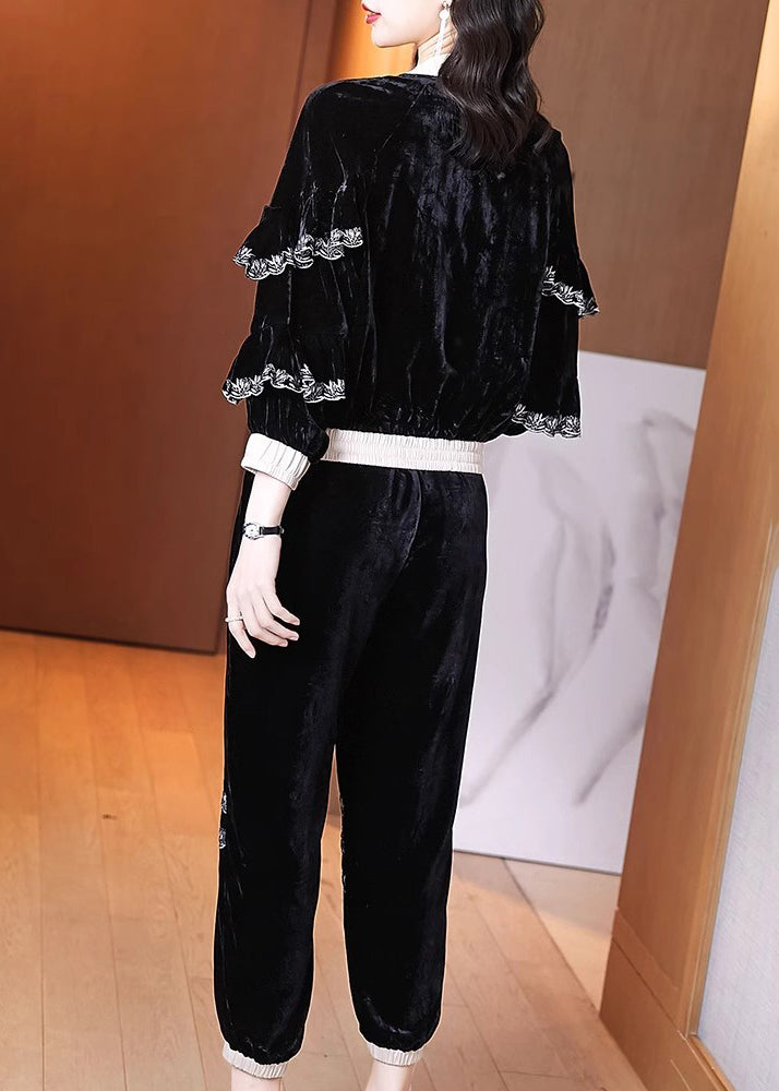 New Black Zippered Ruffled Velourtwo Pieces Set Spring