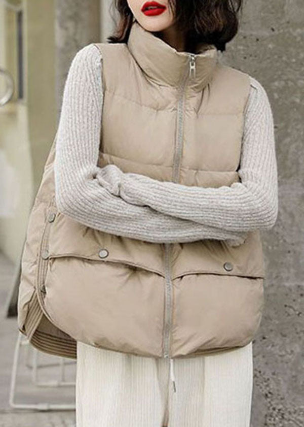 Beige Thick Cotton Blend Winter Vests Oversized Zippered Winter