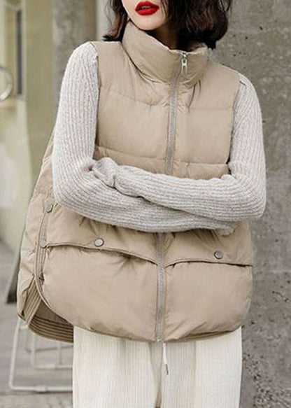 Beige Thick Cotton Blend Winter Vests Oversized Zippered Winter