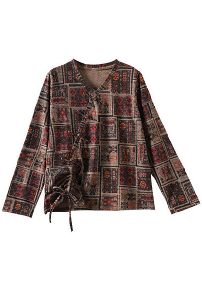 Red V Neck Print Drawstring Cotton Shirt Long Sleeve