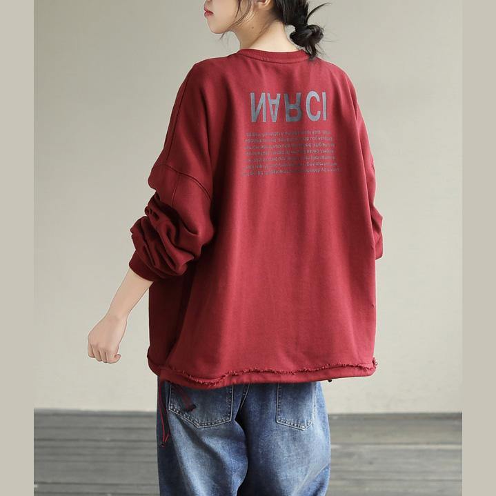 Style Red Alphabet Prints Cotton Blouse Drawstring Baggy Spring Blouses