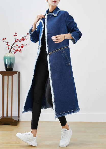 Modern Blue Zip Up Wear on Both Sides Denim Trench Coats Fall