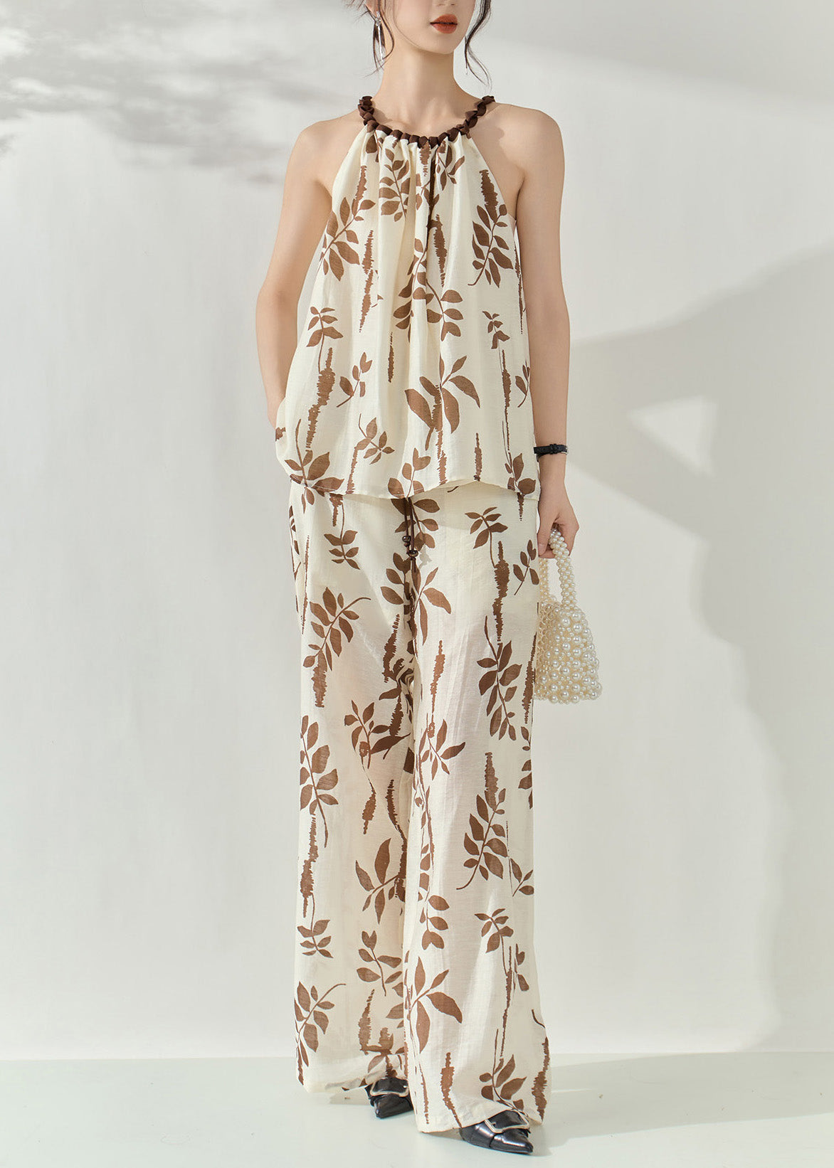 Brown Print Top and Wide Leg Pants Two Pieces Set Sleeveless