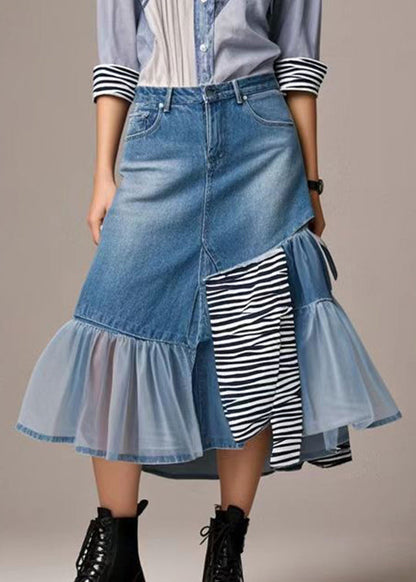 Blue Asymmetrical Patchwork Tulle Denim Skirts Spring