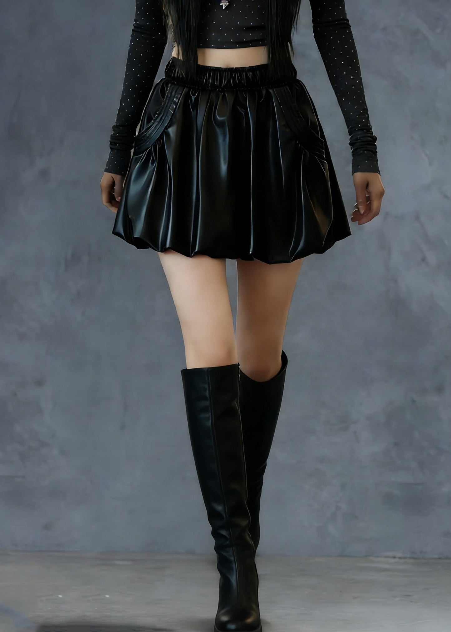Fine Black Elastic Waist Faux Leather Skirts Spring
