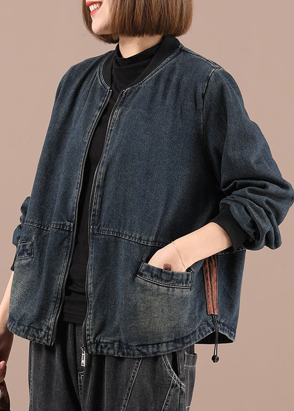 Blue Loose Zippered Pockets Fall Denim Long Sleeve Jackets