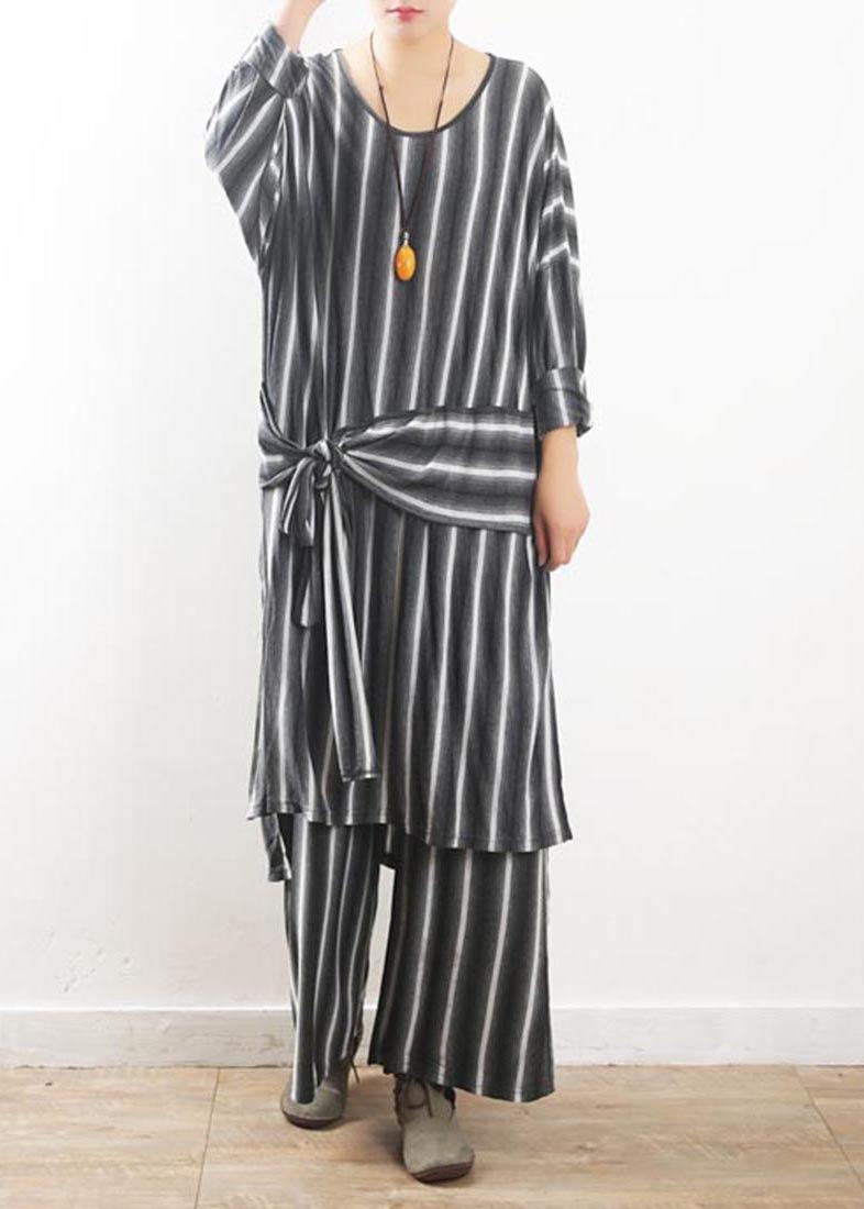 Loose Grey Striped Tie Waist Two Pieces Set Summer Cotton Dress