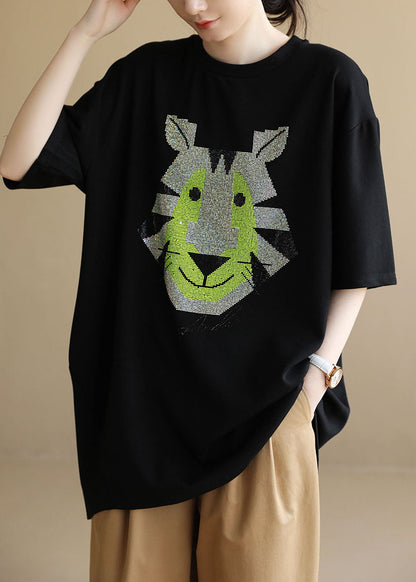 Loose Black O-neck Animal Print Side Open Cotton Tanks Short Sleeve