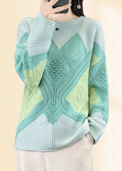 Green O-neck Plaid Cotton Knit Sweaters Fall