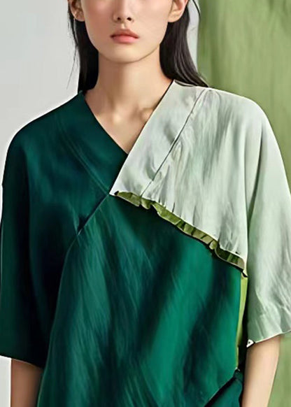 Green V Neck Asymmetrical Cotton T Shirt Half Sleeve