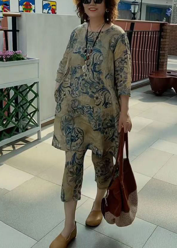 Khaki O-neck Print Linen Two Piece Suit Set Half Sleeve