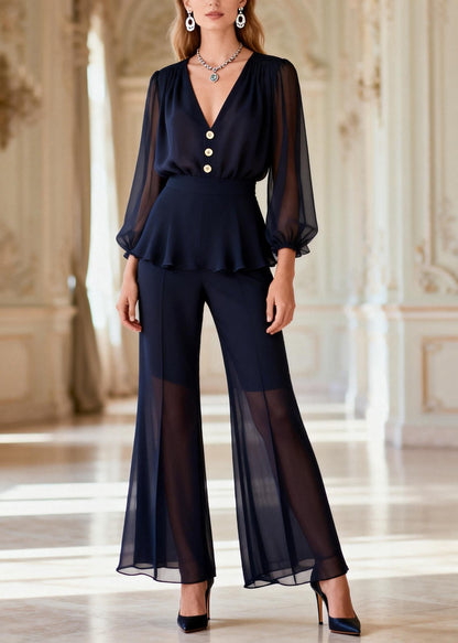 Handmade V Neck Top and Flared Trousers Silk Two Piece Set Spring