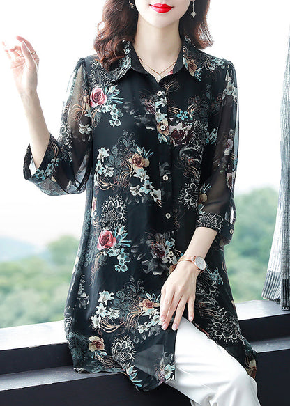 Black Button Peter Pan Collar Print Long Chiffon Blouses Three Quarter Sleeve