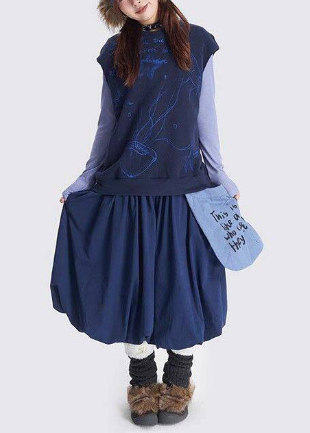 Art Navy Exra Large Hem Patchwork Pocket Cotton Skirts Spring
