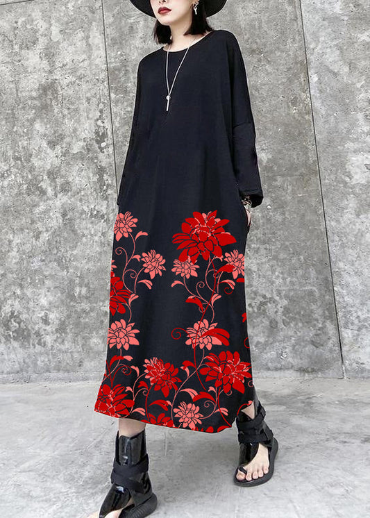 French Black-flower Tunics for O Neck Pockets a Line Dress