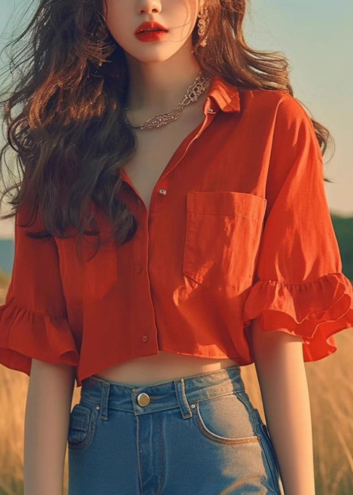 Red Peter Pan Collar Cotton Short Shirts Flare Sleeve