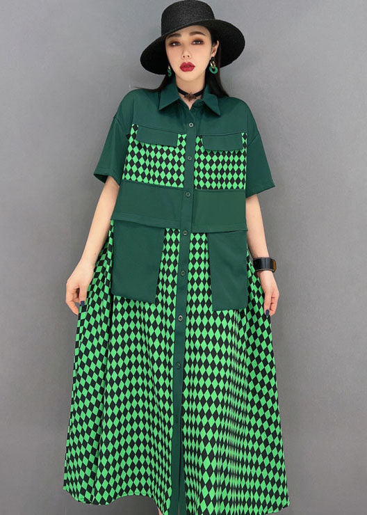 Green Peter Pan Collar Patchwork Print Chiffon Party Dress Short Sleeve