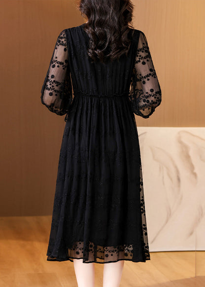 Black Embroidered Silk Long Dresses Bracelet Sleeve Summer