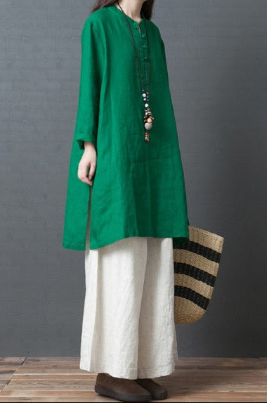 Green Linen Outfit Fabrics Chinese Button Short Side Open Dress Spring