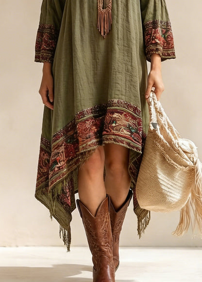 Loose Green V Neck Asymmetrical Design Print Dresses Spring