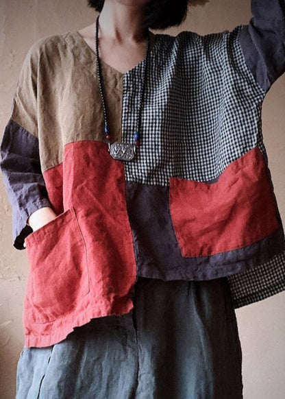 V Neck Pockets Asymmetrical Patchwork Pockets Linen Tops Long Sleeve